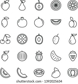 thin line vector icon set - strawberry vector, apple, pear, cherry, pomegranate, quince, red, tasty mulberry, water melon, slice of, delicious plum, tangerine, half, lemon, yellow, juicy, orange