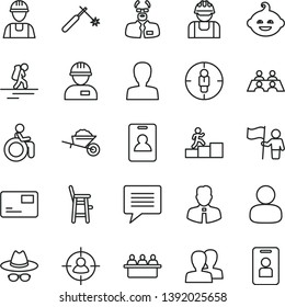 thin line vector icon set - image of thought vector, woman, women, hat with glasses, a chair for feeding child, funny hairdo, builder, workman, garden trolley, employee, pass card, welding, man