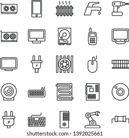 thin line vector icon set - camera vector, keyboard, cordless drill, heating coil, faucet mixer, screen, smartphone, lens, plug, electric, assembly robot, cast iron radiator, mobile phone, fan, hdd
