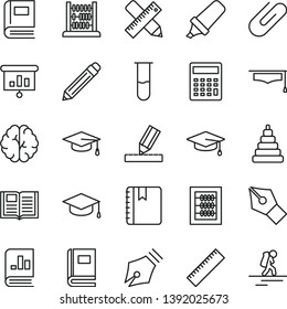 thin line vector icon set - graphite pencil vector, yardstick, calculator, new abacus, stacking toy, writing accessories, drawing, book, notebook, square academic hat, clip, text highlighter, brain
