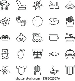 thin line vector icon set - wicker pot vector, Child T shirt, car seat, toy sand set, deep plate with a spoon, children's potty, teddy bear, funny hairdo, baby train, small yule, apple pie, cabbage