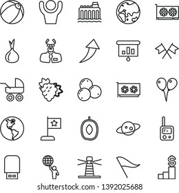 thin line vector icon set - wind direction indicator vector, baby carriage, bath ball, toy phone, colored air balloons, branch of grape, blueberries, delicious plum, onion, planet, Earth, lighthouse
