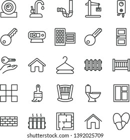 thin line vector icon set - cradle vector, baby cot, house, brickwork, window, wooden paint brush, toilet, siphon, laying out, key, interroom door, city block, tile, radiator, new, kitchen faucet