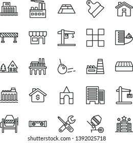 thin line vector icon set - house vector, box of bricks, crane, concrete mixer, small tools, building level, buildings, tile, brick, putty knife, paving slab, road fence, core, kiosk, industrial