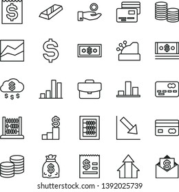 thin line vector icon set - line chart vector, negative, new abacus, suitcase, cards, coins, reverse side of a bank card, front the, bar, denomination dollar, article on, financial item, catch coin