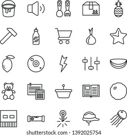 thin line vector icon set - plastic fork spoons vector, teddy bear, paint bucket, construction level, helmet, calculation, lightning, hammer, star, book, volume, cart, cardboard box, cabbage, liquor