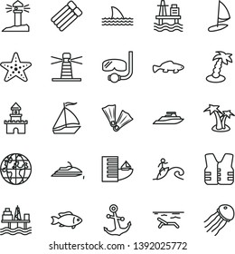 thin line vector icon set - anchor vector, small fish, sea port, commercial seaport, lighthouse, coastal, planet, sand castle, sail boat, hotel, beach, palm tree, starfish, flippers, diving mask