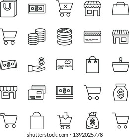 thin line vector icon set - paper bag vector, bank card, cart, put in, crossed, with handles, cards, kiosk, coins, stall, shopping, basket, front of the, column, get a wage, money, dollars, cash