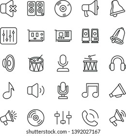 thin line vector icon set - bell vector, desktop microphone, horn, loudspeaker, drumroll, drum, CD, regulator, volume, no sound, phone call, megaphone, pc card, headphones, speaker, note, settings