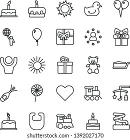 thin line vector icon set - toys over the cradle vector, bib, baby duckling, teddy bear, toy train, children's, colored air balloons, balloon, cake, heart, gift, slice, torte, birthday, lollipop