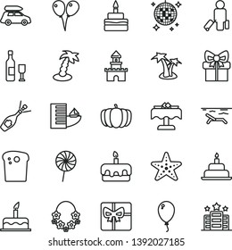 thin line vector icon set - colored air balloons vector, balloon, cake, birthday, Easter, torte, lollipop, pumpkin, gift, giftbox, sand castle, wine, champagne, car baggage, passenger, hotel, beach