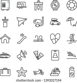 thin line vector icon set - train vector, car baggage, camper, hang glider, motorcycle, backpacker, airport tower, escalator, identity card, security gate, suitcase, arrival, boungalow, pool, safe