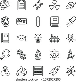 thin line vector icon set - test tube vector, atom, nuclear, zoom, dna, bulb, brain, gears, book, pipette, globe, oscilloscope, flame, scientist, graduate hat, clipboard, calculator, drawing compass