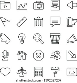 thin line vector icon set - heart symbol vector, paint roller, house, image of thought, desktop microphone, matte light bulb, camera, wicker pot, bin, mark injury, left direction, yardstick, horn