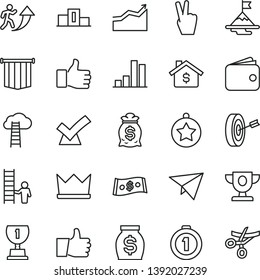 thin line vector icon set - thumb up vector, bar chart, wallet, money, dollar, pedestal, finger, prize, award, man arrow, graph, star medal, motivation, purpose, first place, with ladder, confirm