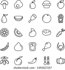 thin line vector icon set - iron fork spoons vector, cake, chicken leg, thigh, piece of meat, cup popcorn, fried egg, sandwich, ripe peach, red apple, fig, slice water melon, goji berry, juicy, peas