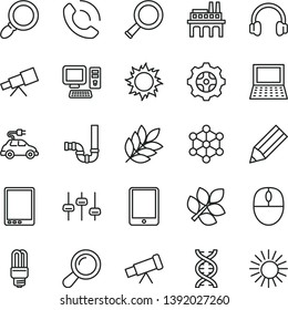 thin line vector icon set - siphon vector, phone call, industrial enterprise, gear, mercury light bulb, electric car, pencil, computer, tablet pc, notebook, mouse, headphones, magnifier, telescope
