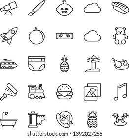 thin line vector icon set - tassel vector, camera roll, nappy, small teddy bear, funny hairdo, children's train, paint roller, bath, building level, picture, music, 24, big burger, chicken, cloud