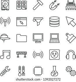 thin line vector icon set - monitor vector, iron fork spoons, helmet, putty knife, road fence, hammer, flask, socket, industrial factory, magnet, steel repair key, water filter, notebook pc, cpu