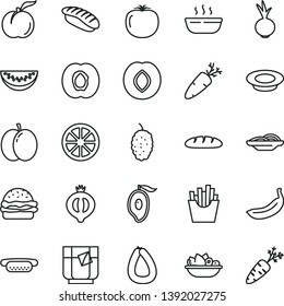 thin line vector icon set - stick of sausage vector, loaf, mini hot dog, burger, slices onion, porridge, a plate fruit, milk, beet, carrot, French fries, japanese sushi, glass tea, ripe peach, apple