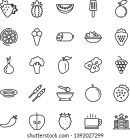 thin line vector icon set - deep plate with a spoon vector, coffee, sausage, of fruit, barbecue, popcorn, popsicle, cone, strawberry, strawberries, branch grape, large, tasty apple, raspberry, lemon