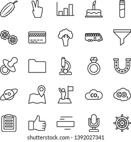 thin line vector icon set - desktop microphone vector, bank card, minus, dummy, cake, gears, broccoli, cucumber, CO2, carbon dyoxide, filter, folder, test tube, microscope, clipboard, growth graph