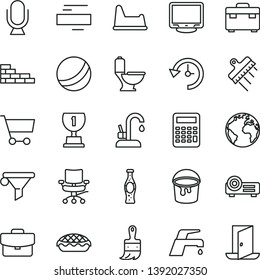 thin line vector icon set - sign of the planet vector, minus, bath ball, potty chair, brick wall, paint bucket, wooden brush, suitcase, toilet, spatula, faucet mixer, kitchen, microphone, apple pie