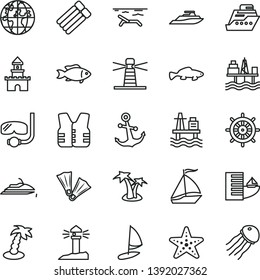 thin line vector icon set - anchor vector, small fish, sea port, commercial seaport, lighthouse, coastal, planet, sand castle, sail boat, hotel, beach, palm tree, starfish, flippers, diving mask
