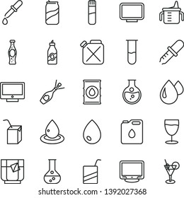 thin line vector icon set - measuring cup for feeding vector, e, packing of juice with a straw, drop, screen, glass tea, soda can, bottle, liquor, round flask, oil, canister, monitor, test tube