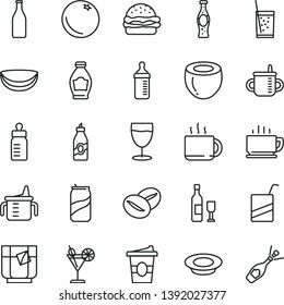 thin line vector icon set - mug for feeding vector, measuring cup, bottle, e, coffee, burger, a plate of milk, beans, tea, coffe to go, glass soda, cocktail, can, orange, liquor, piece coconut, half