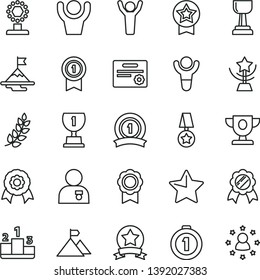 thin line vector icon set - star vector, pedestal, medal, winner, laurel branch, prize, award, cup, gold, man hands up, with, motivation, mountain flag, first place, pennant, ribbon, certificate