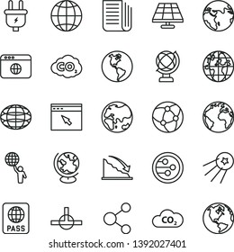 thin line vector icon set - sign of the planet vector, globe, earth, passport, solar panel, plug, CO2, carbon dyoxide, connection, recession, newspaper, network, browser, connect, man hold world