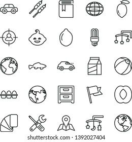 thin line vector icon set - sign of the planet vector, book, toys over cradle, cot, baby bath ball, motor vehicle, funny hairdo, small tools, sample colour, map, flag, nightstand, package, barbecue