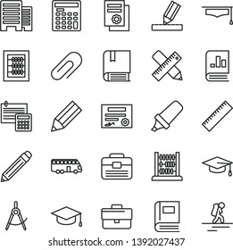 thin line vector icon set - clip vector, briefcase, graphite pencil, yardstick, new abacus, e, portfolio, buildings, writing accessories, drawing, calculation, square academic hat, scribed compasses