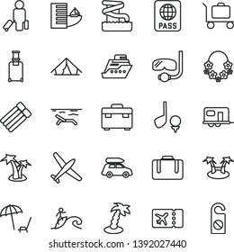 thin line vector icon set - suitcase vector, passport, plane, car baggage, camper, passenger, rolling, ticket, hotel, tent, beach, arnchair under umbrella, palm tree, hawaii wreath, aquapark, golf