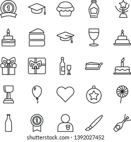 thin line vector icon set - tassel vector, balloon, cake, birthday, heart, square academic hat, piece of, slice, lollipop, glass, bottle, gift, giftbox, gold cup, star, man with medal, graduate