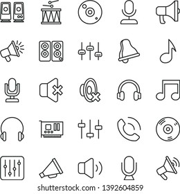 thin line vector icon set - bell vector, desktop microphone, horn, silent mode, drumroll, headphones, regulator, volume, no sound, phone call, megaphone, loudspeaker, pc card, cd, speaker, note