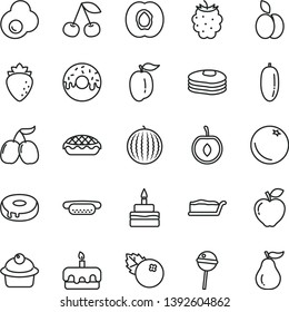 thin line vector icon set - mini hot dog vector, muffin, cake slice, torte, birthday, with a hole, glazed, apple pie, Chupa Chups, fried egg, blueberries, pancakes, orange, cherry, half apricot, red