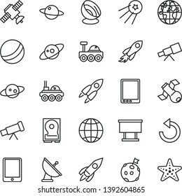 thin line vector icon set - counterclockwise vector, bath ball, earth, planet, billboard, rocket, space, tablet pc, hdd, telescope, satellite, antenna, saturn, lunar rover, flag on moon, first