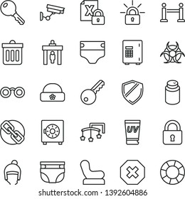 thin line vector icon set - mark of injury vector, spectacles, toys over the cot, diaper, nappy, powder, Baby chair, winter hat, warm, dust bin, lock, key, strongbox, encrypting, glasses, biohazard