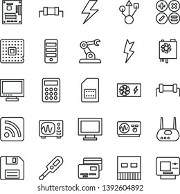 thin line vector icon set - lightning vector, floppy disk, monitor, window, rss feed, electronic thermometer e, cards, math actions, processor, assembly robot, SIM card, calculator, pc power supply