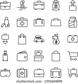 thin line vector icon set - briefcase vector, paper bag, first aid kit, of a paramedic, medical, suitcase, case, package, cart, wallet, purse, hand, money, car baggage, backpacker, passenger