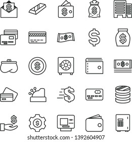 thin line vector icon set - bank card vector, purse, dollar, buildings, strongbox, cards, front of the, column coins, denomination, get a wage, wallet, money, cash, cashbox, gold bar, coin, bag, atm
