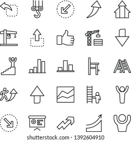 thin line vector icon set - upward direction vector, downward, growth up, line chart, a chair for feeding, crane, tower, winch hook, ladder, left bottom arrow, move, right, bar, financial report