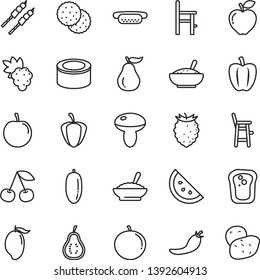 thin line vector icon set - a chair for feeding vector, child, canned goods, mini hot dog, mushroom, bowl of buckwheat porridge, rice, barbecue, orange slice, biscuit, sandwich, cherry, grape, mango