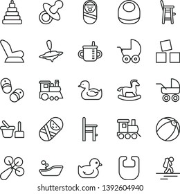 thin line vector icon set - dummy vector, mug for feeding, bib, baby, rattle, car child seat, stroller, carriage, rubber duck, duckling, bath ball, children's bathroom, stacking toy, roly poly doll
