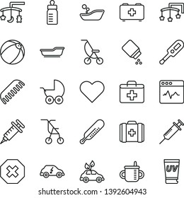 thin line vector icon set - mark of injury vector, first aid kit, toys over the cradle, cot, mug for feeding, bottle, baby powder, stroller, summer, sitting, electronic thermometer e, mercury, comb