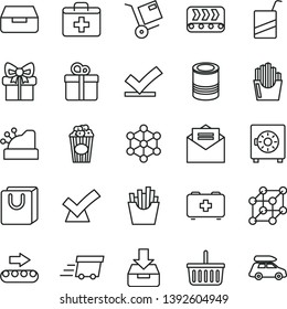 thin line vector icon set - grocery basket vector, first aid kit, bag of a paramedic, e, received letter, put in box, drawer, strongbox, with handles, gift, shipment, tin, French fries, cup popcorn