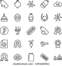 thin line vector icon set - add label vector, remove, question, winch hook, Hot Dog, birthday cake, bottle, medlar, melon, physalis, radish, CO2, jar, season sale, medal, bang, star ribbon
