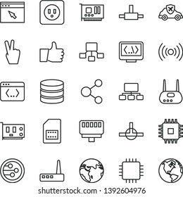 thin line vector icon set - power socket type b vector, thumb up, autopilot, SIM card, connection, scheme, hierarchical, cpu, pc, router, network, browser, connect, coding, lan connector, wireless